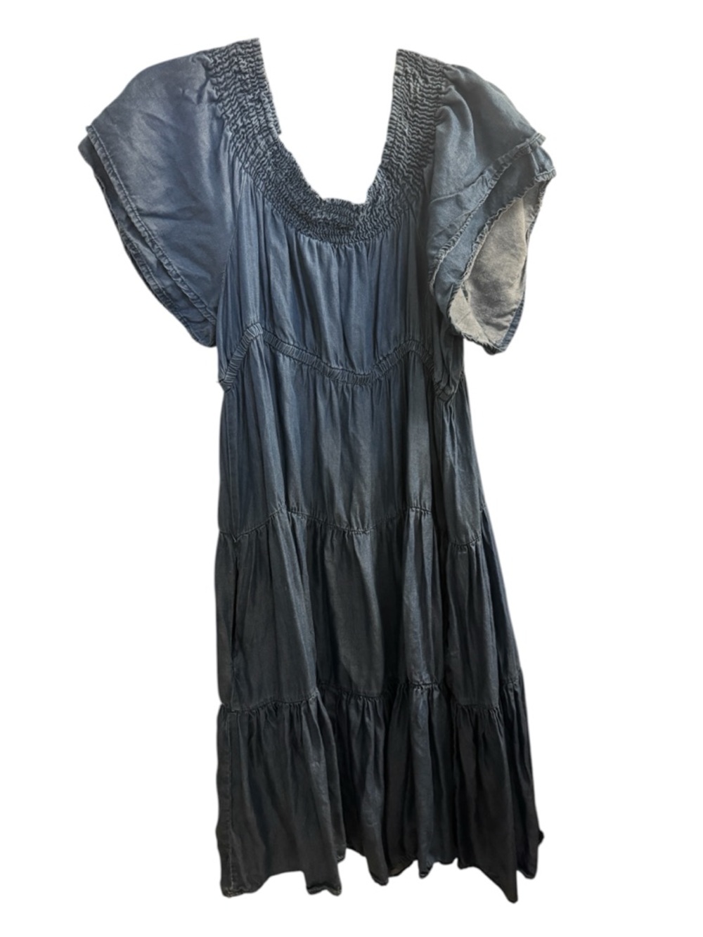 NOT FOR SALE Casuals Tencel Smocked Denim Style Dress Flutter Sleeve Tiered L - Picture 4 of 6